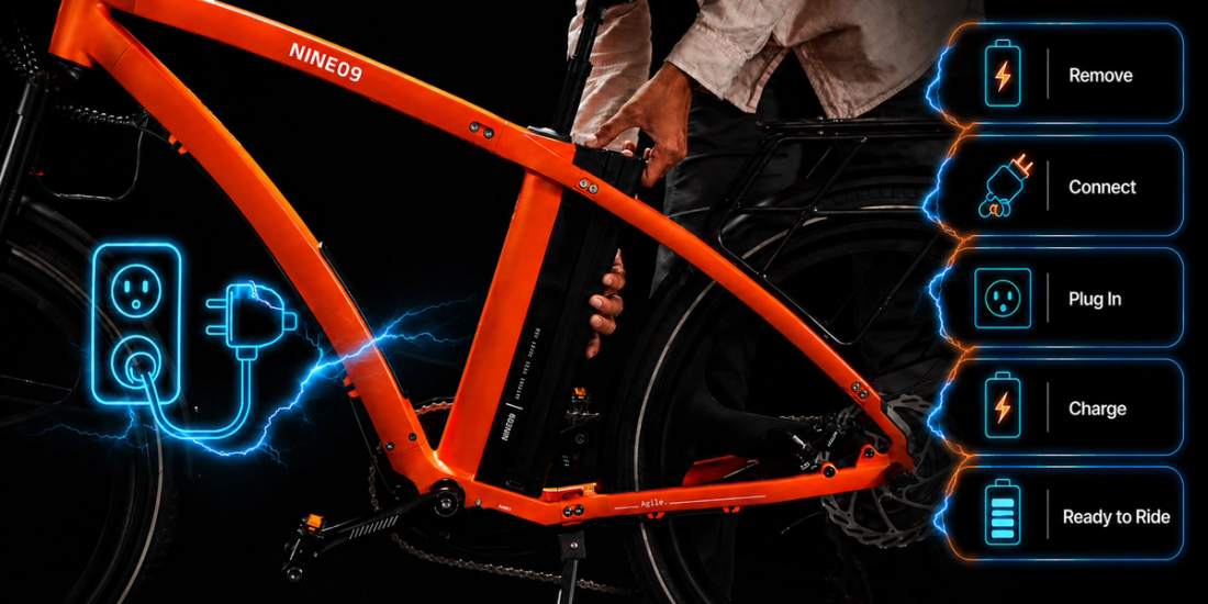 Removable eBike battery lifted out of a NINE09 electric bike frame, with the five charging steps
