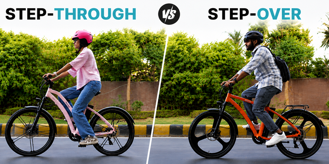 Step-through and step-over eBike frames compared side by side, with a rider on each electric bike