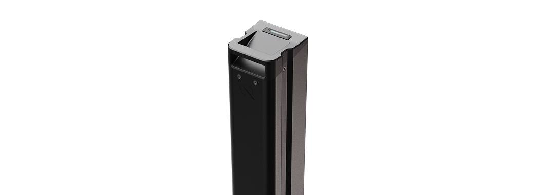 Removable IPX7-rated eBike battery pack standing upright, seen from above