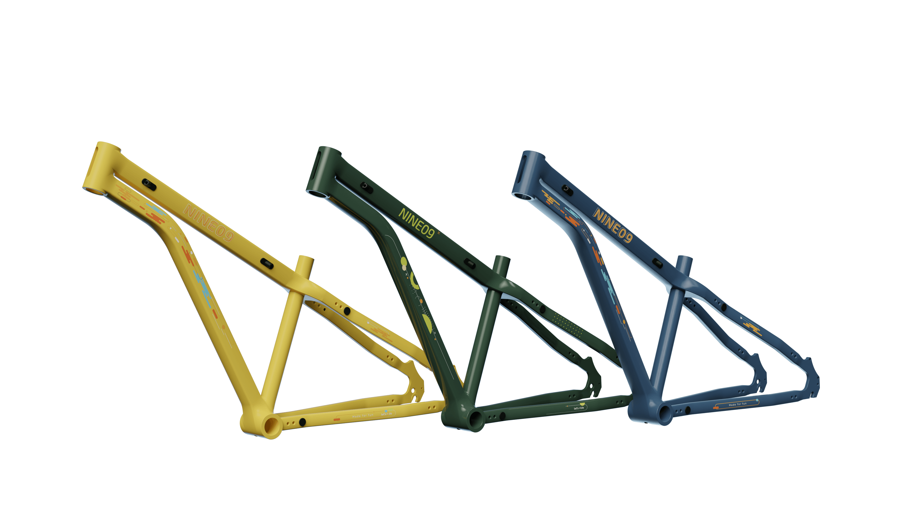 kiko cykelstel i Himmelblå, Fyrregrøn og Solnedgangsgul