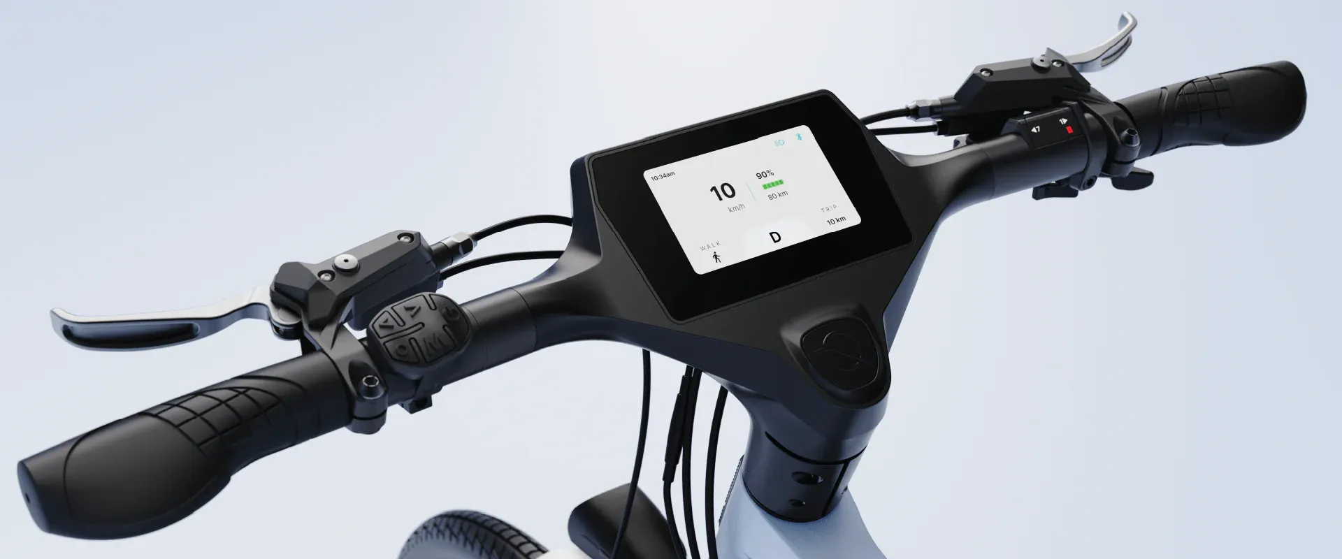 Zbliżenie kierownicy roweru elektrycznego NINE09 z 4,3-calowym wyświetlaczem LCD, prędkością i poziomem baterii